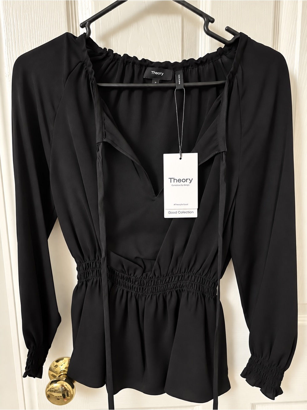 NWT Theory 100% Silk Black Smocked Peplum Blouse – Size P